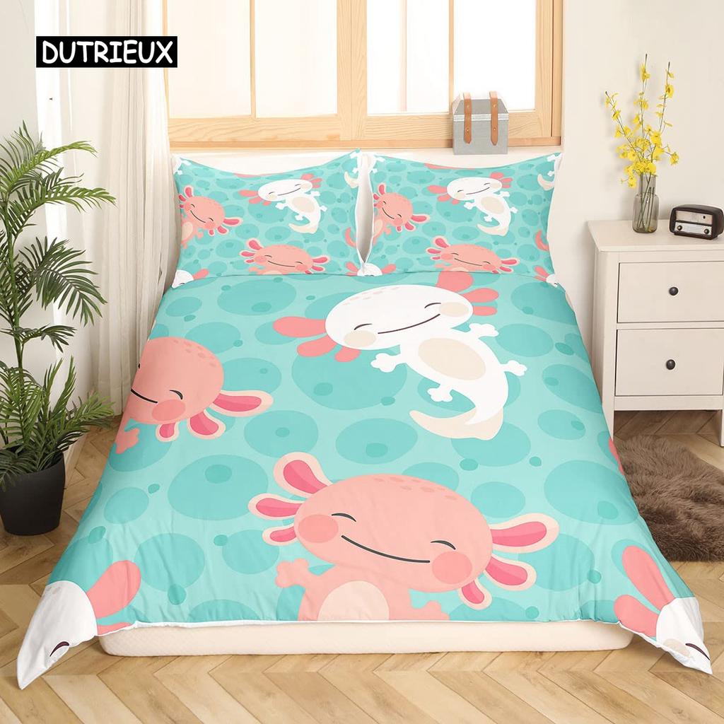 Axolotl Duvet Cover Set Pink Newt Wildlife Comforter Cover with Pillowcases Cartoon Octopus Animal Kawaii Style Twin Quilt Cover