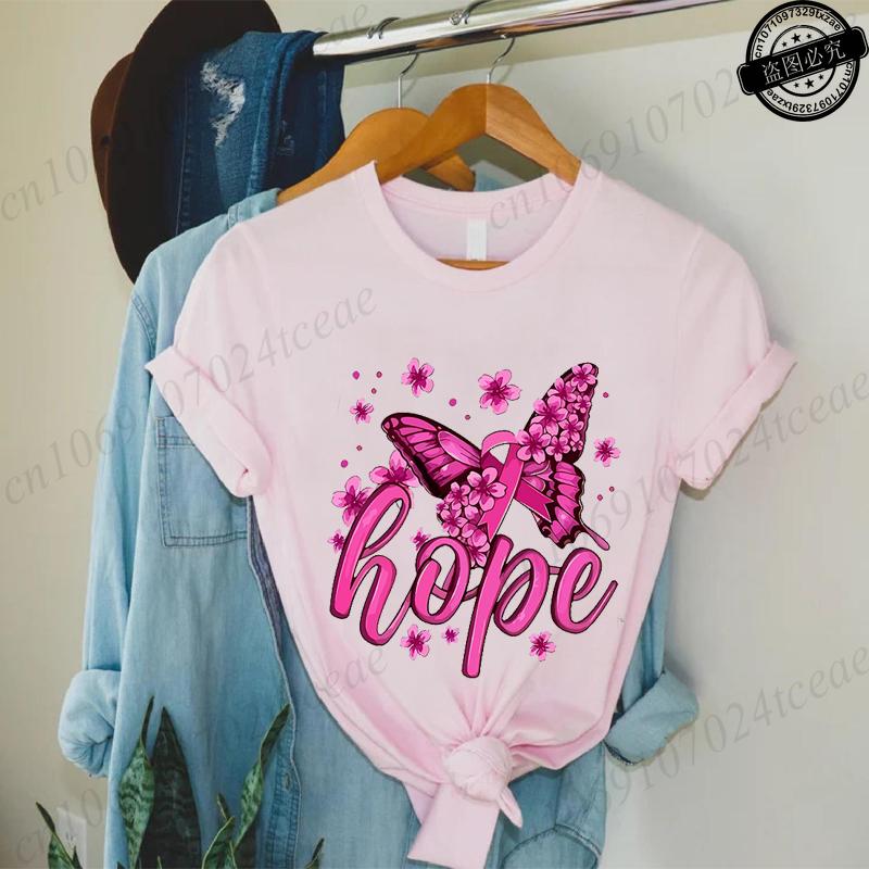 Hope Pink Ribbon Butterfly Breast Cancer Awareness Warrior Print Women's T-Shirt,Graphic Tee Tops,Casual Streetwear Fashion Tops