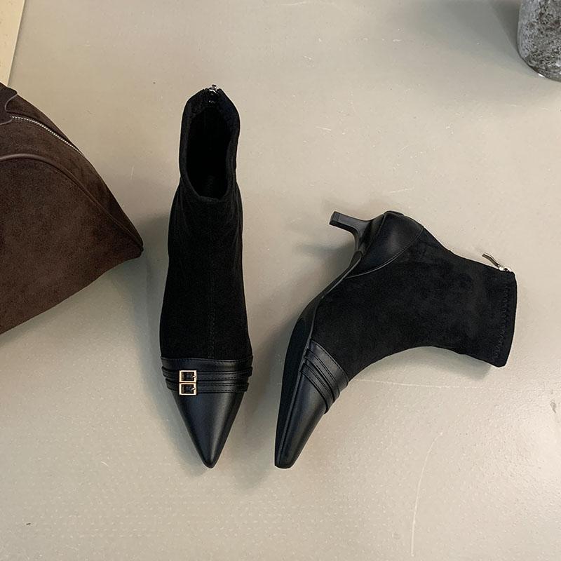 Fashion Fashion Thin Heels Ankle Modern Boots Shoes For Ladies Female Pointed Toe Footwear Flock Women Short Boots Zippers Shoes