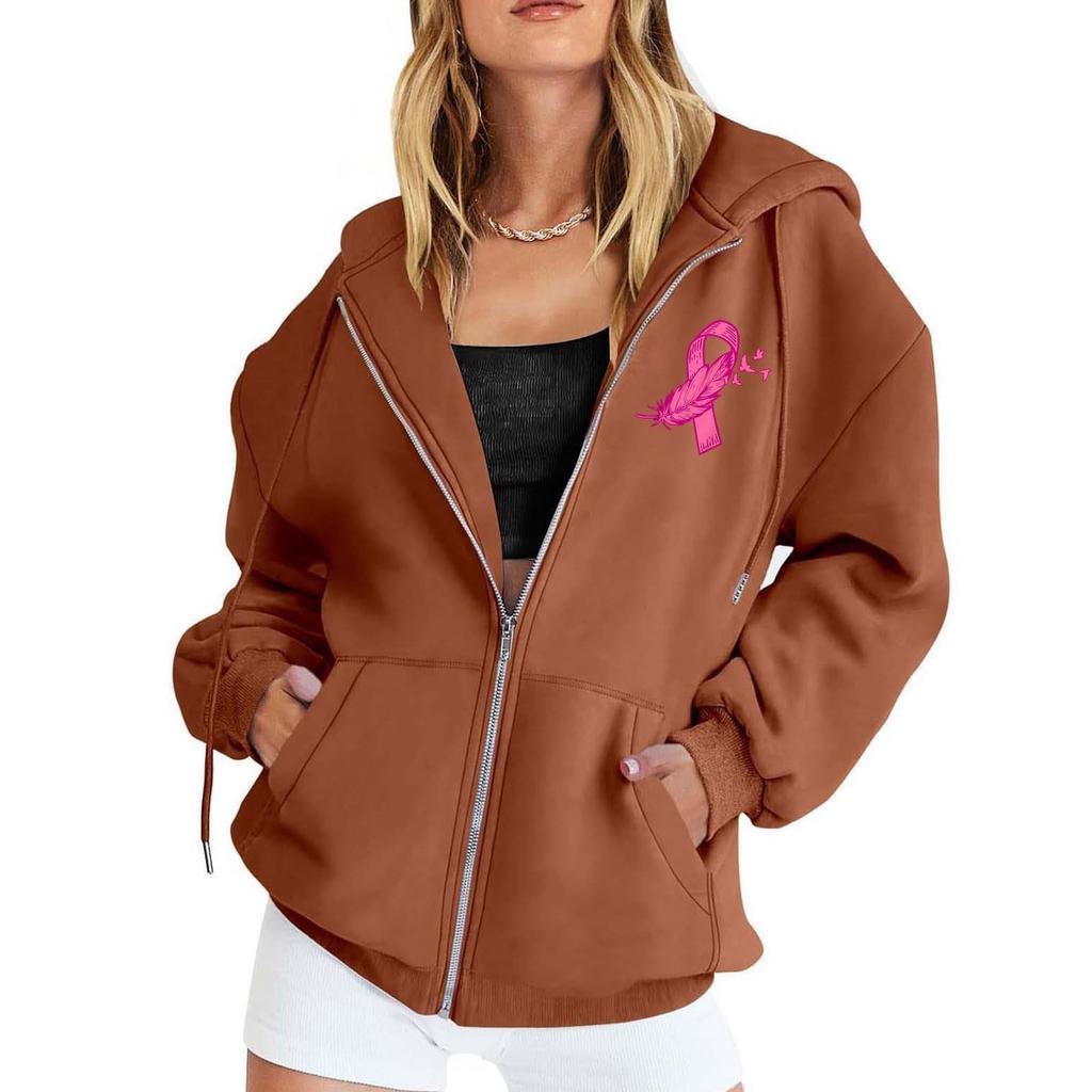 Women's Breast Sweatshirt Ribbon Breast Long Sleeve Hooded Pocket Casual Sweatshirt Jacket