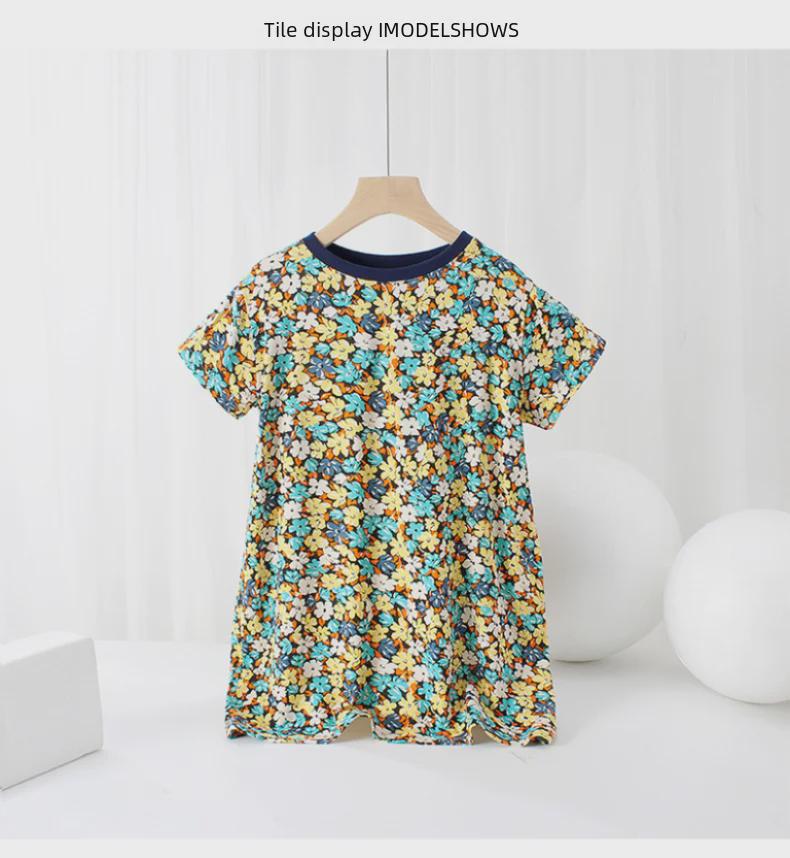 Summer Korean Floral Short-Sleeve Dresses for Girls: Middle To Large Sizes