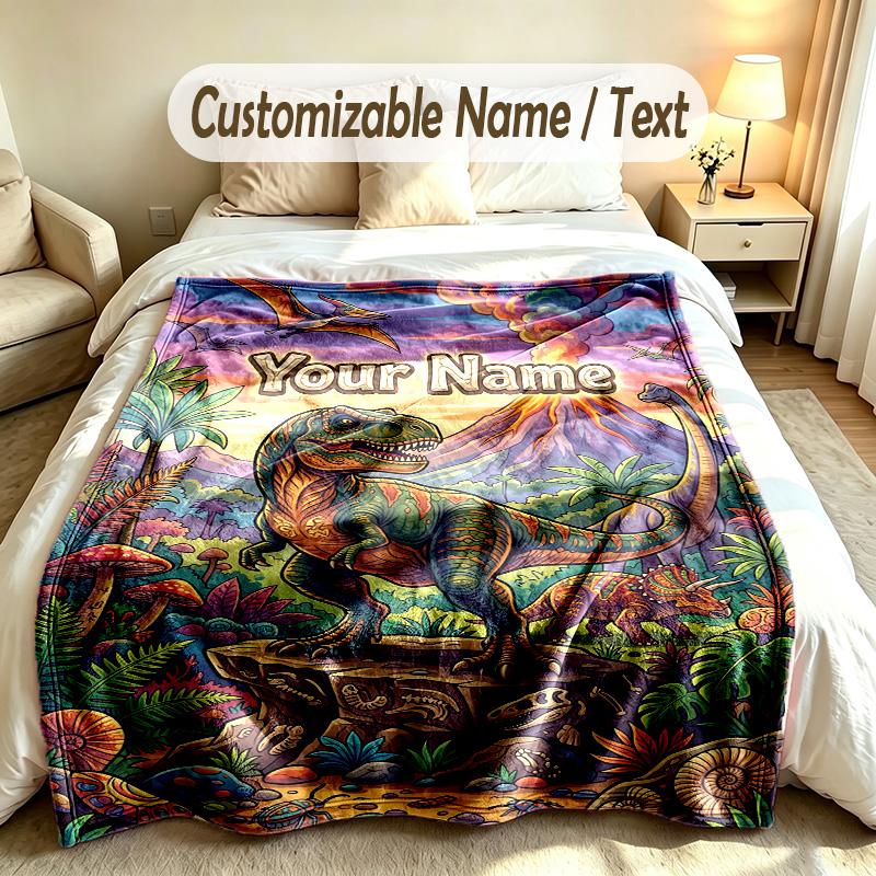 Dinosaur Theme Soft Blanket Personalized Custom Name Text Print Warm Blanket Home Sofa Bedroom Decor