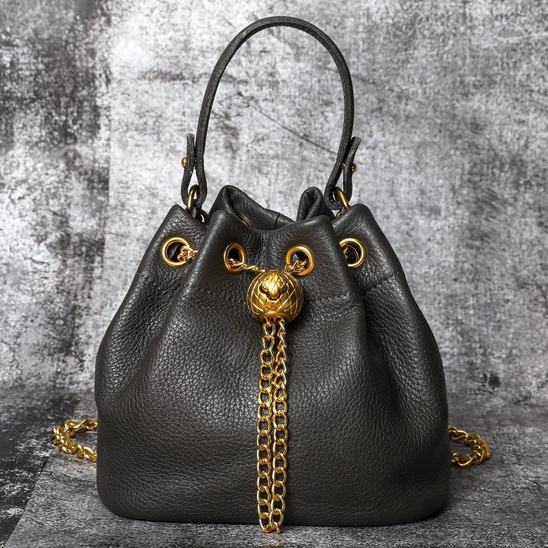 Top-grain Cowhide Ladies' Cosmetic Bag Casual Genuine Leather Bucket Bag Soft Cowhide Chain Bag