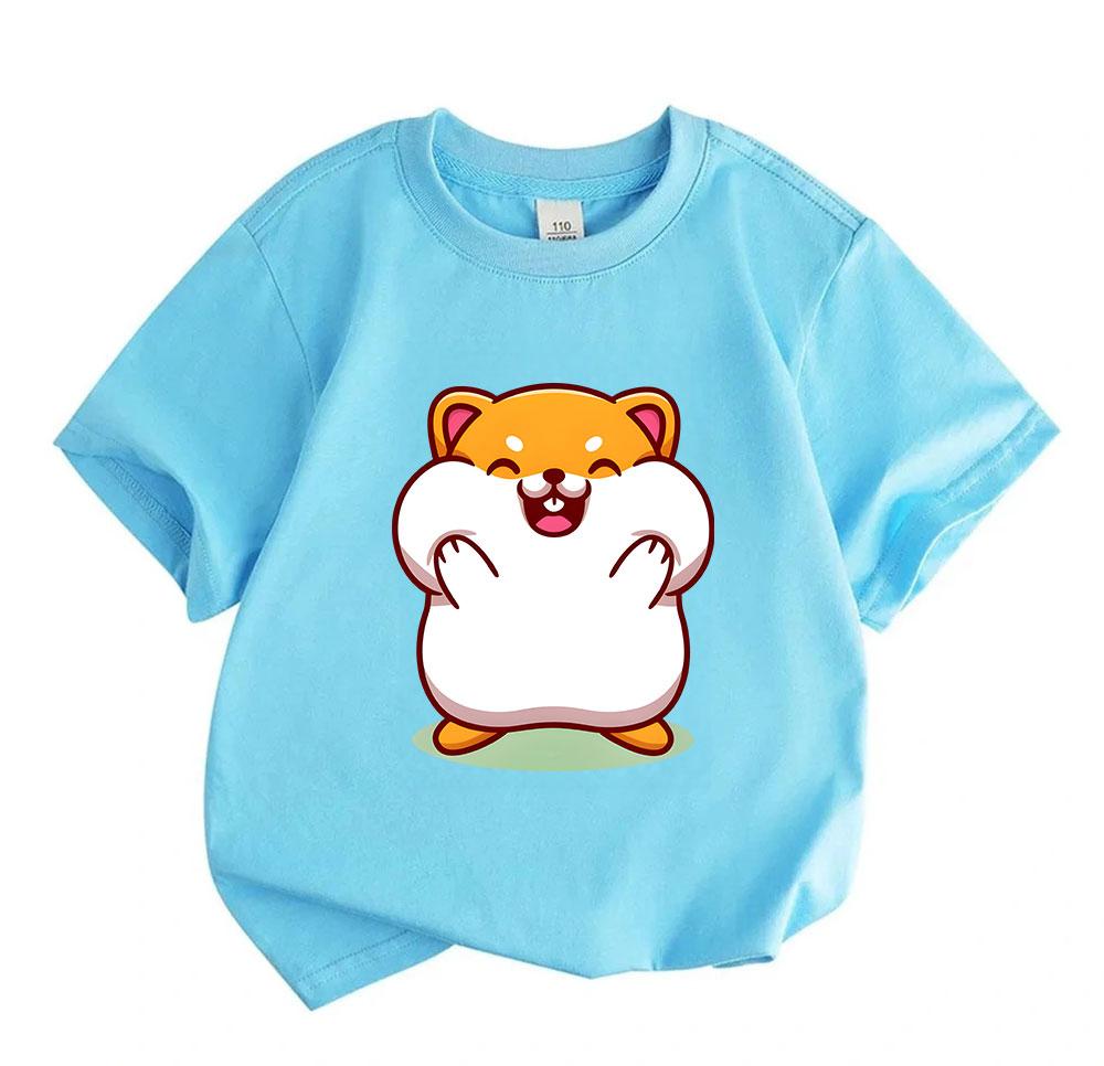 Cute Chubby Cartoon Hamster Print Kids 100% Cotton O-neck Short Sleeve T-Shirt, Casual Soft Breathable Tee for Boys Girls Comfortable Daily Summer Top