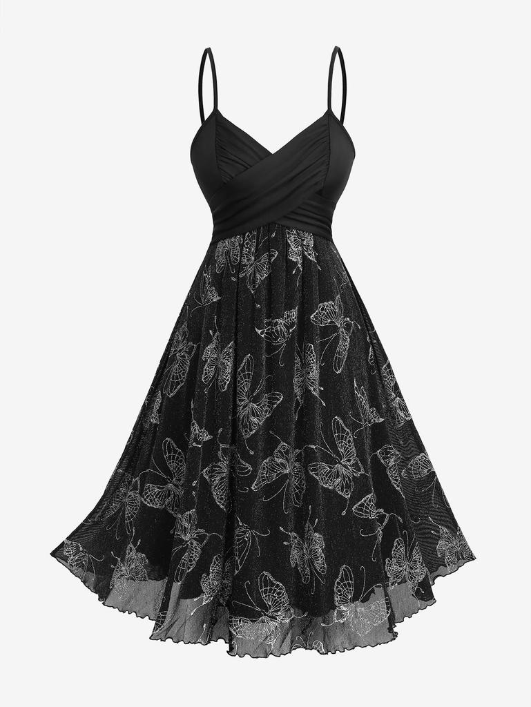 Rosegal Plus Size Silver Stamping Glitter Butterfly Printed Crossover A Line Cami Dress with Chiffon Textured Cape Cloak
