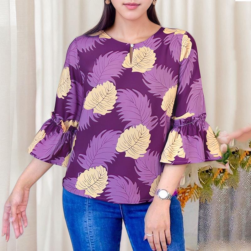 

ZANZEA Женская летняя повседневная блузка с круглым вырезом, рукавом 3/4, свободного кроя, с цветочным принтом 5XL фиолетовый