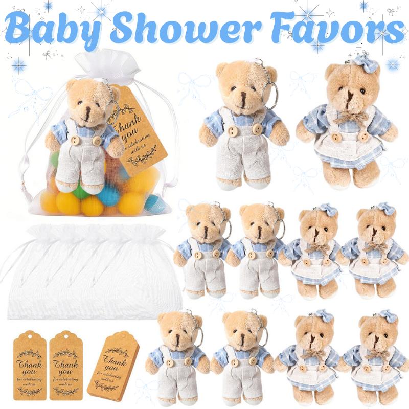 12-36 Zestawów 12 cm Niedźwiadki Upominki na Baby Shower dla Gości Mini Pluszowe Niedźwiadki Niebieskie Z Kartkami Torebki Organzowe