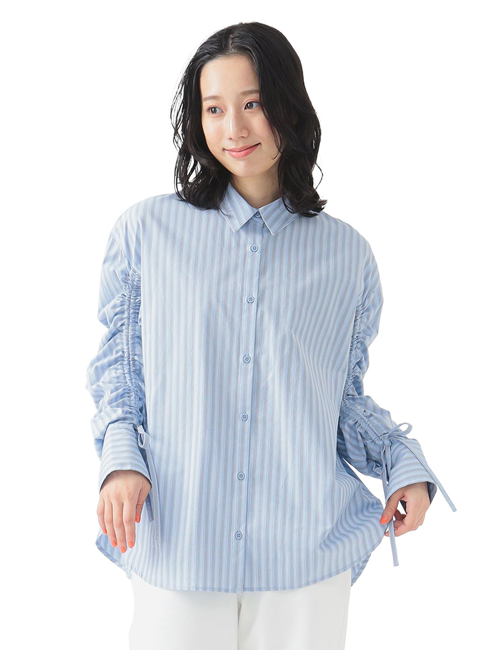 

B:MING LIFE STORE by BEAMS Women s 2-Way Shirred Shirt, Blue, One Size, Large/Sized Shirt/Blouse