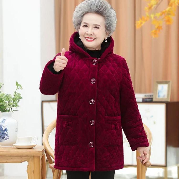 Winter Warm Corduroy Cotton Jacket Women Hooded Solid Temperament Tops Middle Age Mom