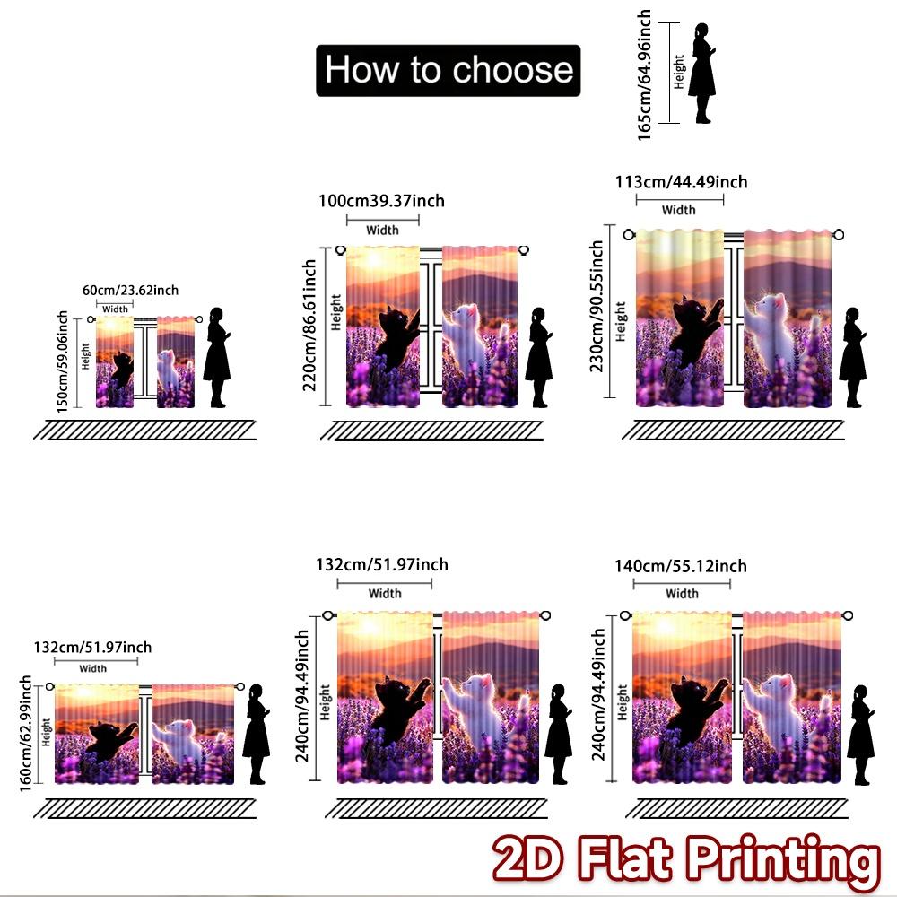 2D flat printing 2pcs Curtains Black White Kittens Lavender Sunset Digital Printed Polyester Drapes Festive Holiday for Indoor