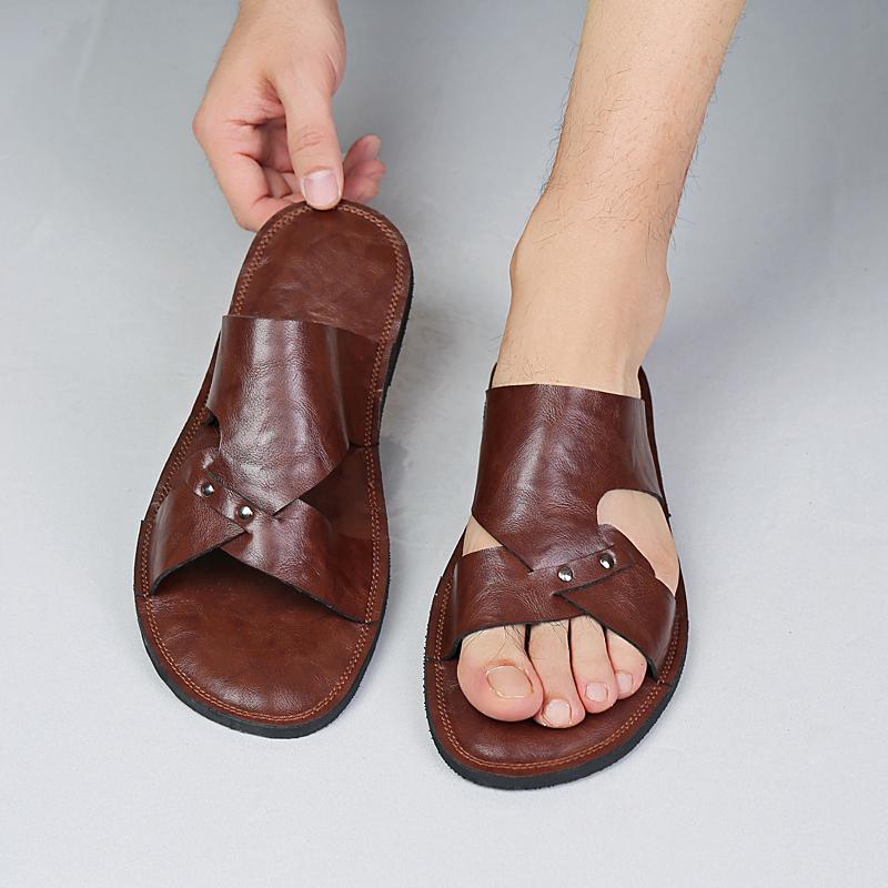 Plus Size 50 Fashion Men Soft Bottom Sandals Solid Color Open Toe Leather Walking Shoes New Beach Breathable Antiskid Slippers
