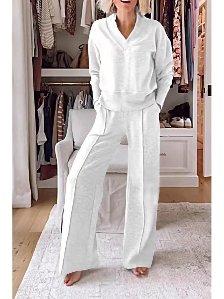 2025 Autumn/Winter V-neck Long Sleeve Loose Solid Color Women's Fashion Casual Pants Set