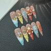 10Pcs/set Long Almond Hand-painted 3D Flower Nail Art Colorful Summer Starfish Pearl Stick On Nails Handmade Detachable Manicure