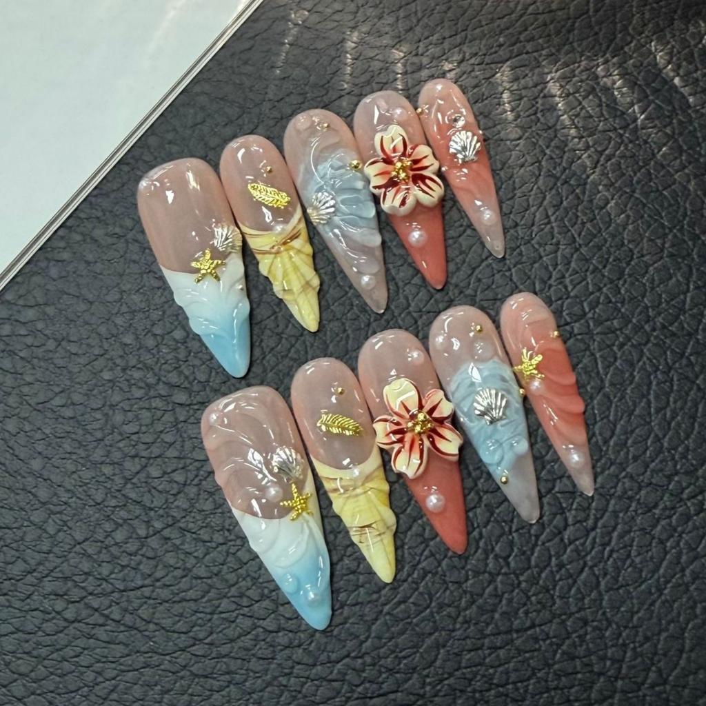 10Pcs Long Stiletto Colorful Flowers Rhinestone Summer Fresh Fake Nails for Spice Girl Sweet Cool Summer Wearable Acrylic Nails