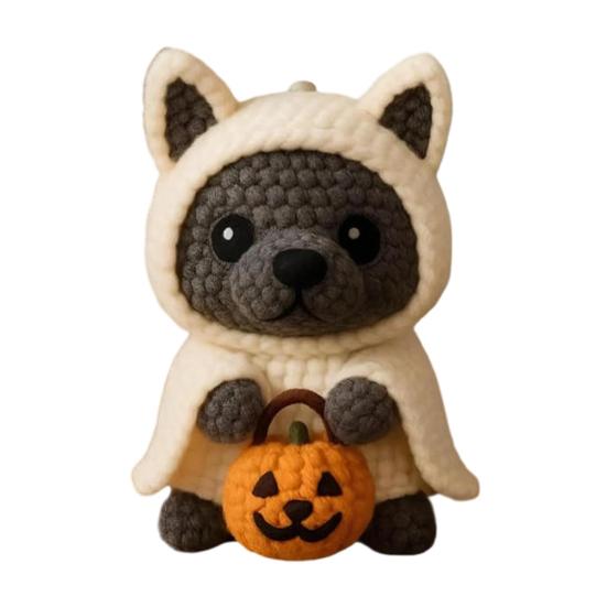 Handmade Crochet Dog Cat Figurine Cute Halloween Knitted Animal with Pumpkin Emotional Support Gift for Dog Cat Lovers