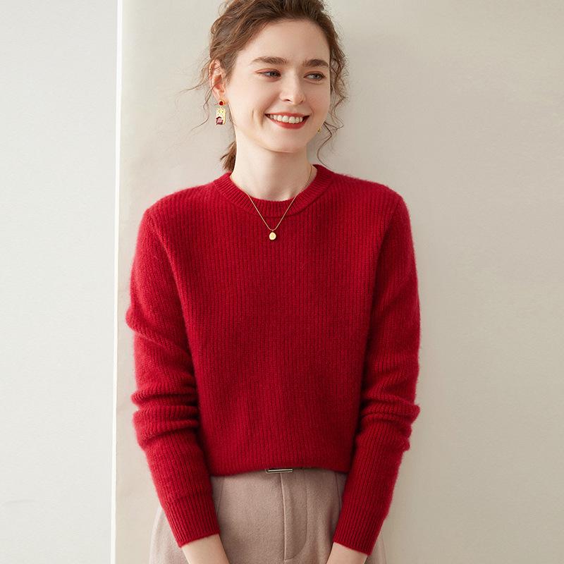 Autumn/Winter 2024 Women's Cashmere Knit Ribbed Sweater – Loose, Slimming, Round Neck Base Layer Top