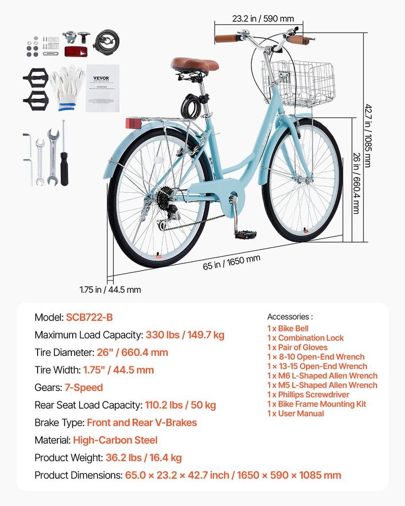 26-Inch Cruiser Bike 7-Speed Light Blue Beach Cruiser Bike with Basket