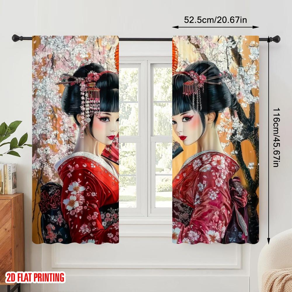 2pcs,2D plane printing Curtain Popular Cherry Blossom Elegance Versatile Polyester Fabric (without rod) Decorations Inside