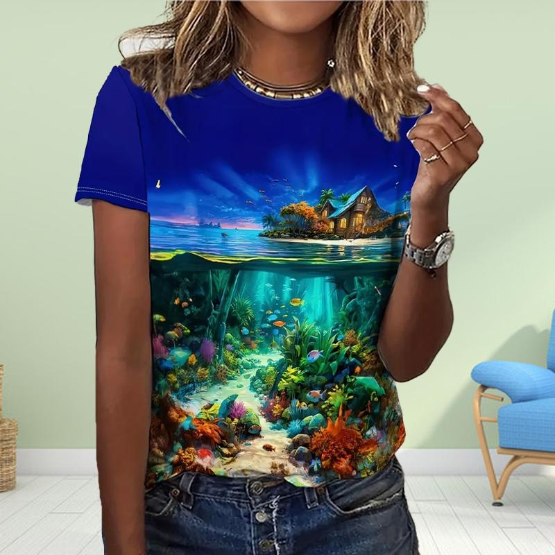 Fashion WomenOil Painting Print T Shirt Funny Casual O-neck Short Sleeves T-shirt Summer Female Tee Shirt