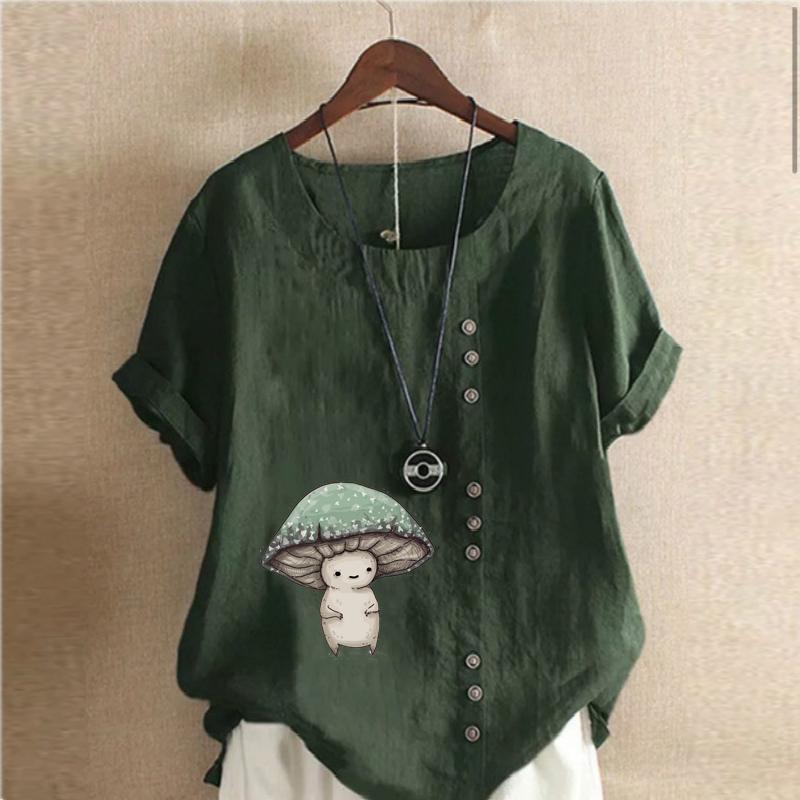 

Женская мода, футболка с коротким рукавом и круглым вырезом, повседневная хлопково-льняная рубашка с рисунком, свободная летняя блузка с рисунком грибов для отдыха, топы XXL темно-зеленого