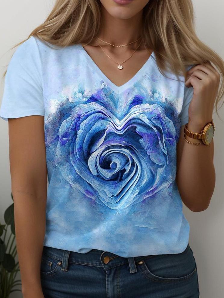European and American large-size women s clothing summer rose printing short-sleeved T-shirt US size V-neck top 1XL синий