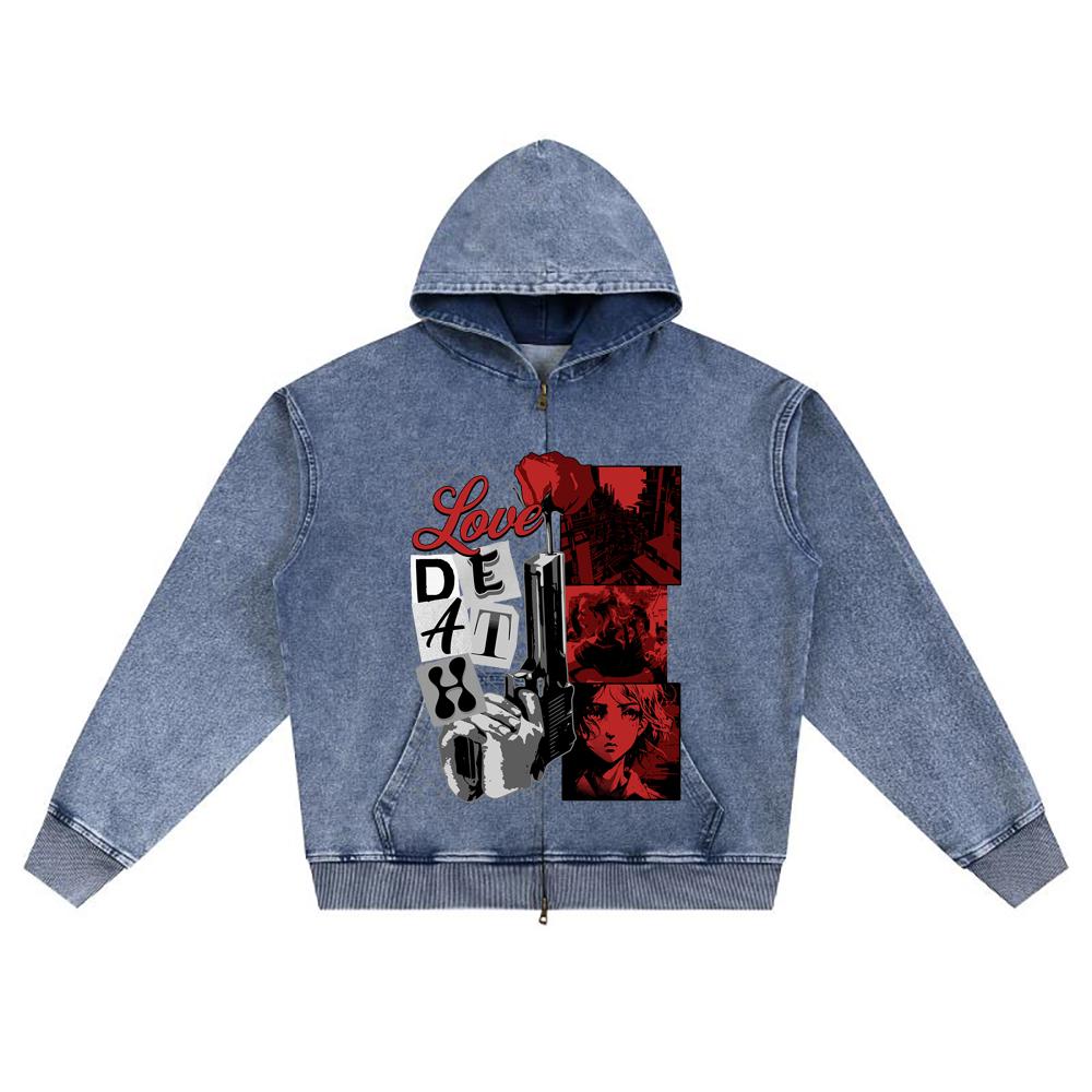 DTG Print Knitted Denim Zip-Up Hoodie Love Death Brother Print Zipper Hoodies  