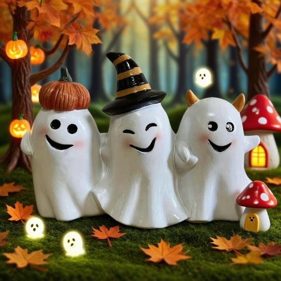 Halloween Ghost Figurine Cute 3 Ghosts Holding Hands Statue Resin Tabletop Ornament for Indoor Bookshelf Windowsill Decor