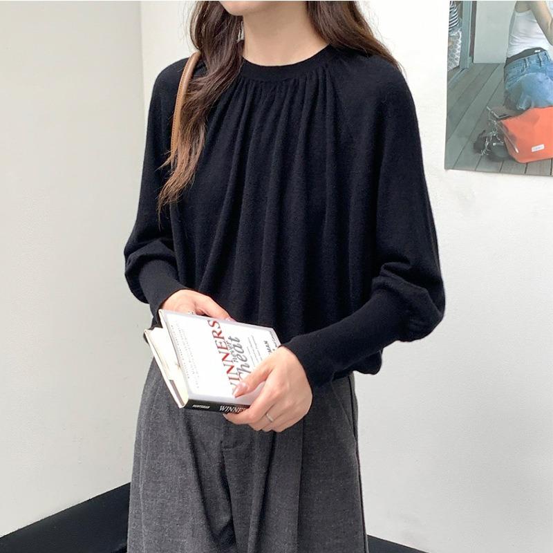 Merino Quan Wool Pleated Design Crew Neck Bat Sleeve Knitted Sweater Women's Simple Temperament Pullover with Bottoming Shirt