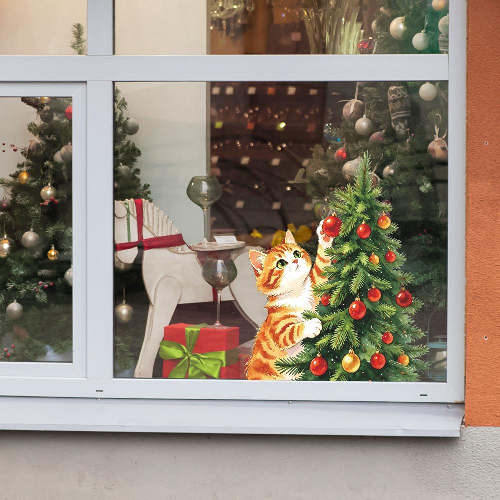 Cartoon Painted Cat Christmas Tree Glass Window Home Decoration and Beautification Window Stickers