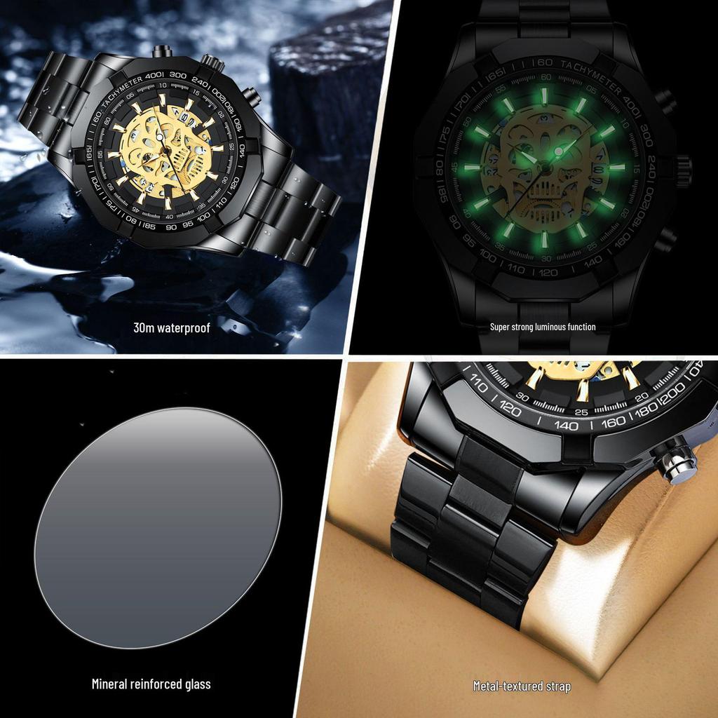 BINBOND Men's Luminous Skull Skeleton Watch