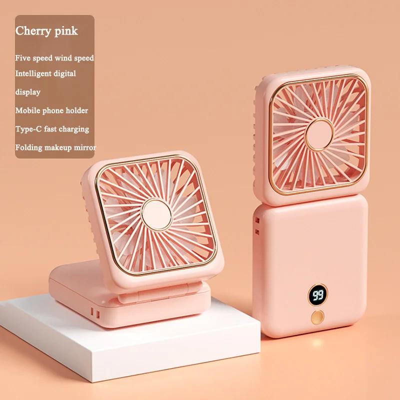3-in-1 Mini Portable Fan Hanging Neck Fan Handheld Fan & Foldable Mirror with Power Bank, Silent Fan Compact & Portable for Summer Sports