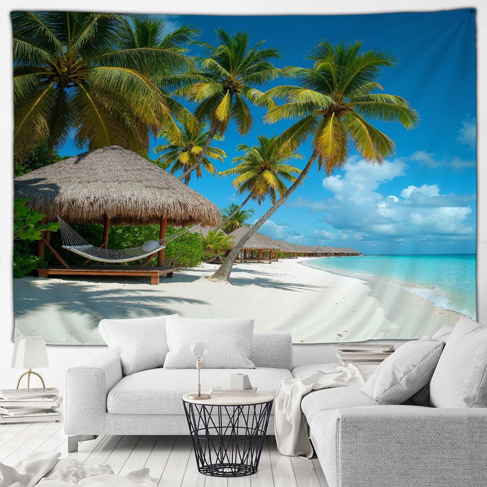 Seaside Beach Tapestry Island Coconut Tree Sunbed Hawaii Ocean Landscape Fabric Home Living Room Garden Decoration Wall Hanging