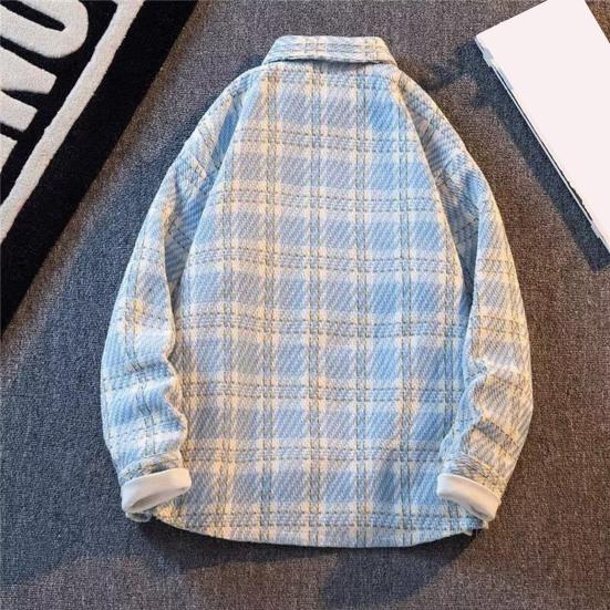 Pánská vlněná bunda klopa dlouhý rukáv kostkovaný vzor jednoradové zapínání kabát s náprsní kapsou volný střih bunda kabát