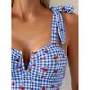 Blue Strawberry Plaid Print Swimwear Women Tie Strap V Neck Tummy Control One Piece Swimsuit Beach Bathing Suits