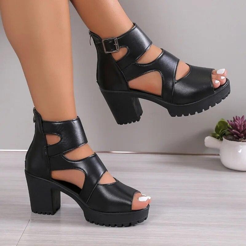 High Heel Sandals Female Gladiator Sexy Black Square Buckle Chunky Heel Platform Shoes Summer Back Zipper Women's Sandals