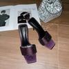 Star slippers of the same style 2025 summer new square head thin heel purple rhinestone word with temperament beautiful high heel sandals