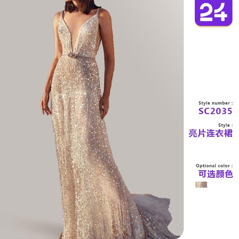 Suer New Women's Wish Dress V-neck Sleeveless Waist Silver Sequined Suspender Dress