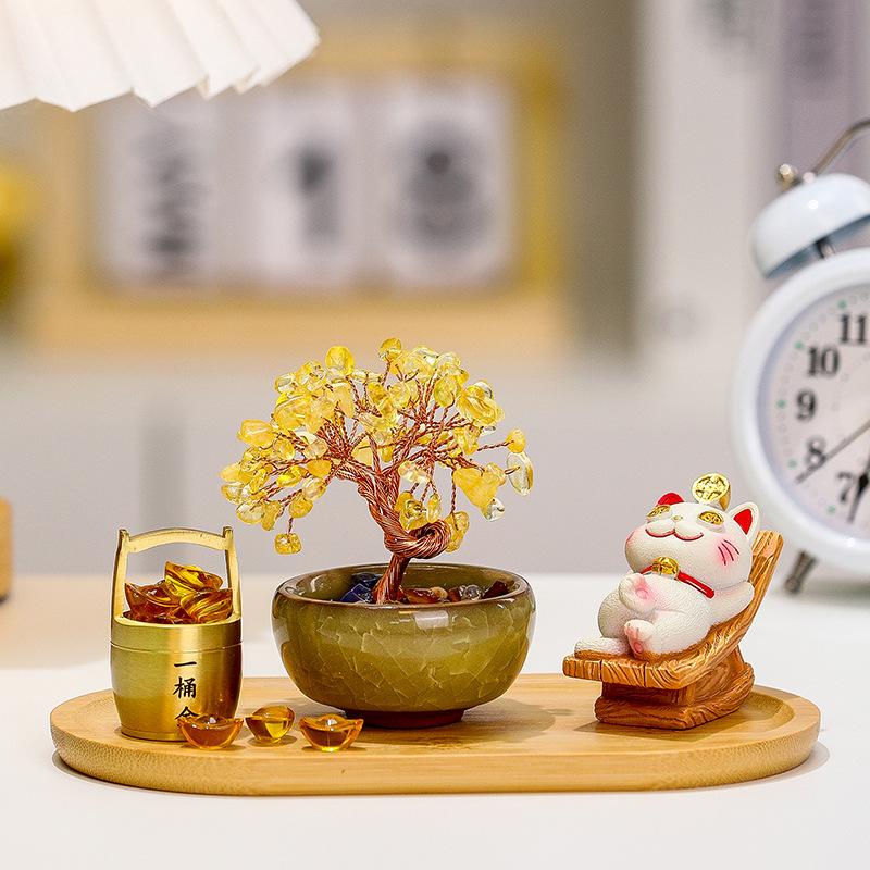 Laywin Fortune-Bringing Cat Home Decoration Item - Natural Yellow Crystal Tree - Tree of Wealth - Cat Desktop Decorative Item