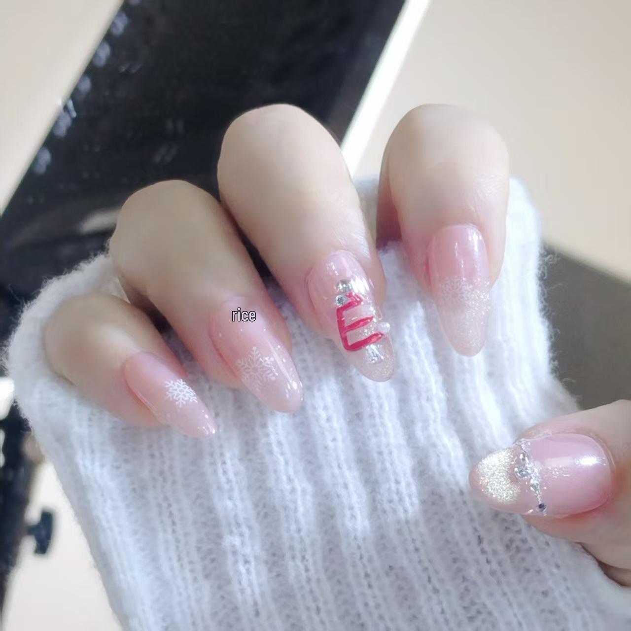 Hand-Painted French Cat Eye Snowflake Nails - Christmas Tree Design Medium