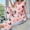 Pink Butterfly Women Pajamas Sets Autumn Winter Short Sleeves Long Pants Sleepwear Casual Pijamas Cozy Pyjamas Cute Pjs Sweet