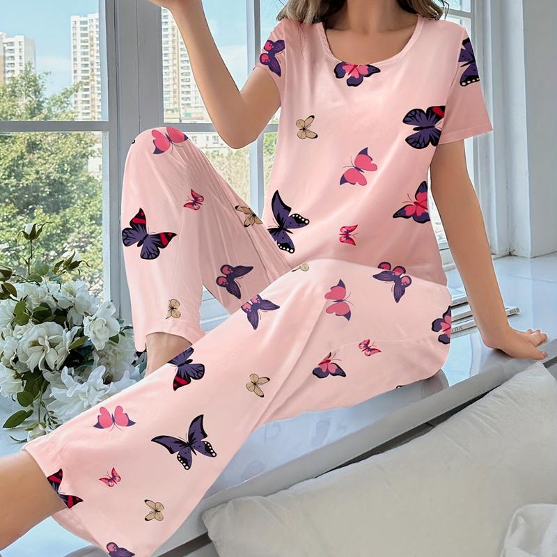 Pink Butterfly Women Pajamas Sets Autumn Winter Short Sleeves Long Pants Sleepwear Casual Pijamas Cozy Pyjamas Cute Pjs Sweet
