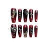 100% HANDMADE Press On Artificial Nail Long Coffin Shape Lucky Dark Gothic Blood Red Butterfly Wings Phototherapy Nails Fake Nails Reusable