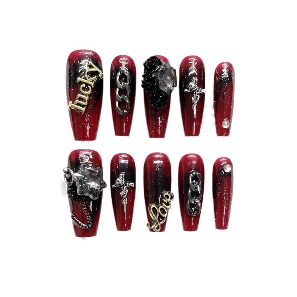 100% HANDMADE Press On Artificial Nail Long Coffin Shape Lucky Dark Gothic Blood Red Butterfly Wings Phototherapy Nails Fake Nails Reusable