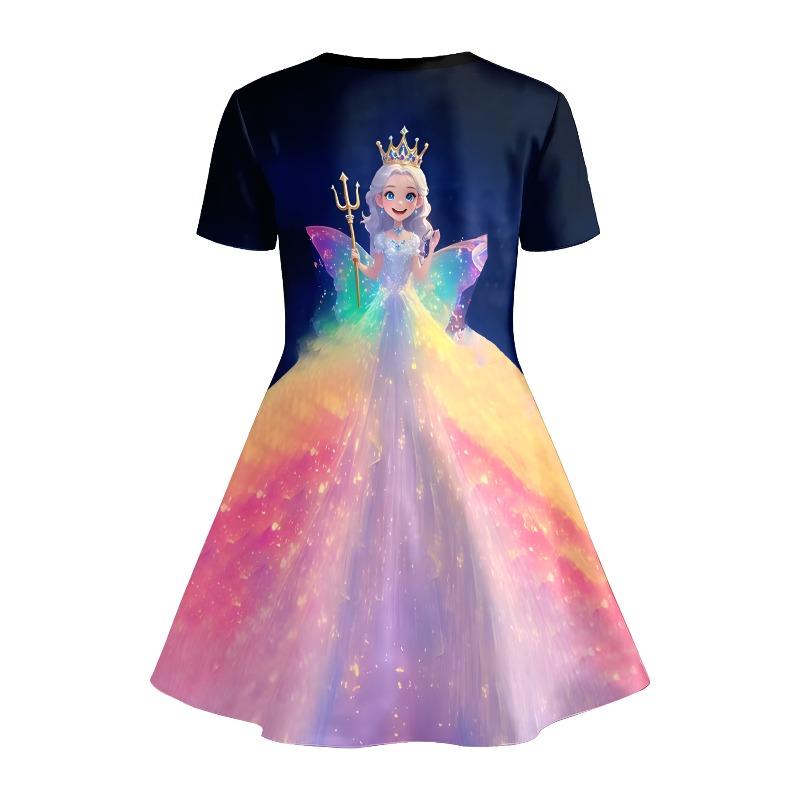 Little Girls Warm Soft Cute Fresh Dreamy Fantasy Print Summer Swing Dress Short Sleeve Kids Casual Play Outfit