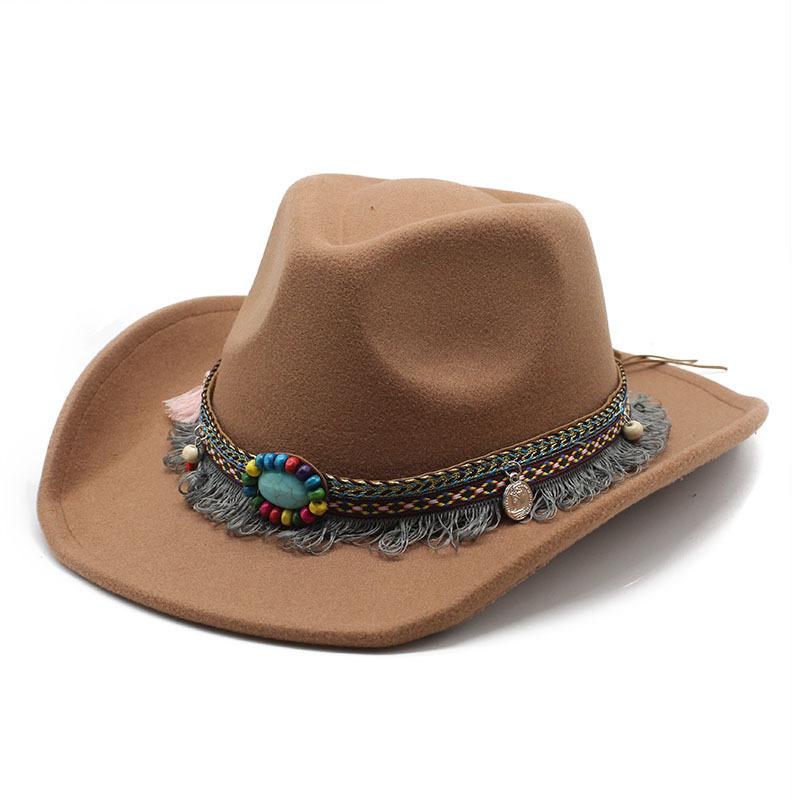 Ethnic Style Tassel, British Style Felt Hat, Retro Top Hat, Woolen Men'S And Women'S Western Cowboy Hat