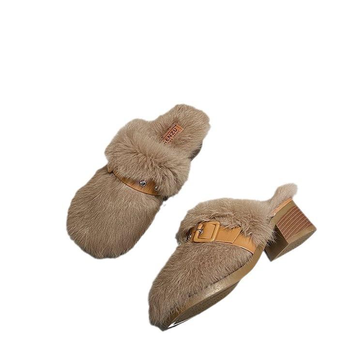 Large size thick high-heeled fluffy slippers women's autumn and winter new plush thickened fluffy slippers