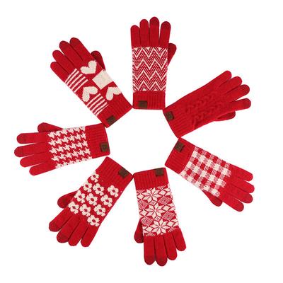 Rote gestrickte Jacquard-Wolle, kältefeste und warme Damenhandschuhe, verdickte Outdoor-Strickhandschuhe