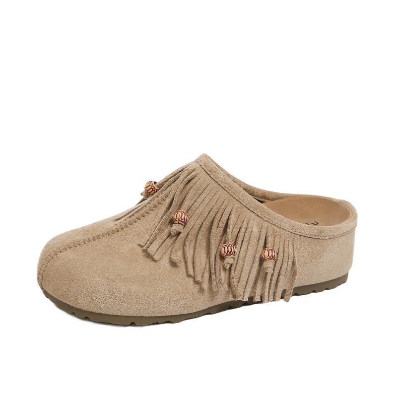 New Women's Flat Shoes Cover Toe Increased Internal Fringe String Bead Slippers Fashion All-match Spring and Autumn Single Shoes