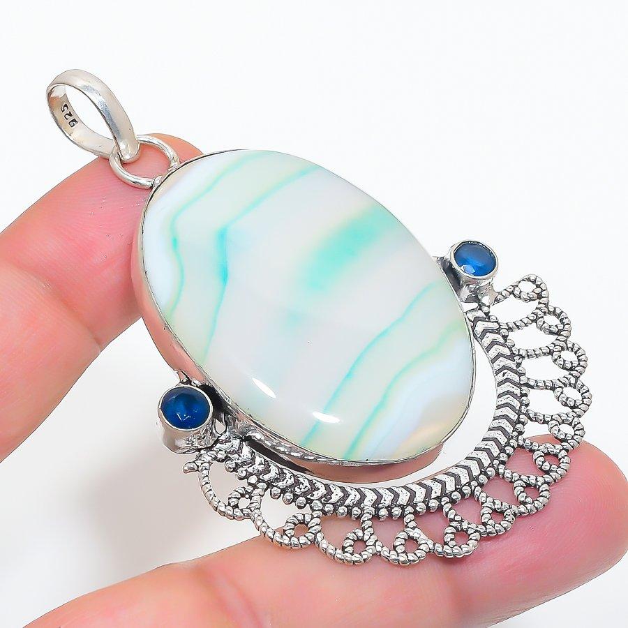 

Natural Green Lace Agate, Topaz 925 Sterling Silver Jewelry Pendant 2.84 m0c36