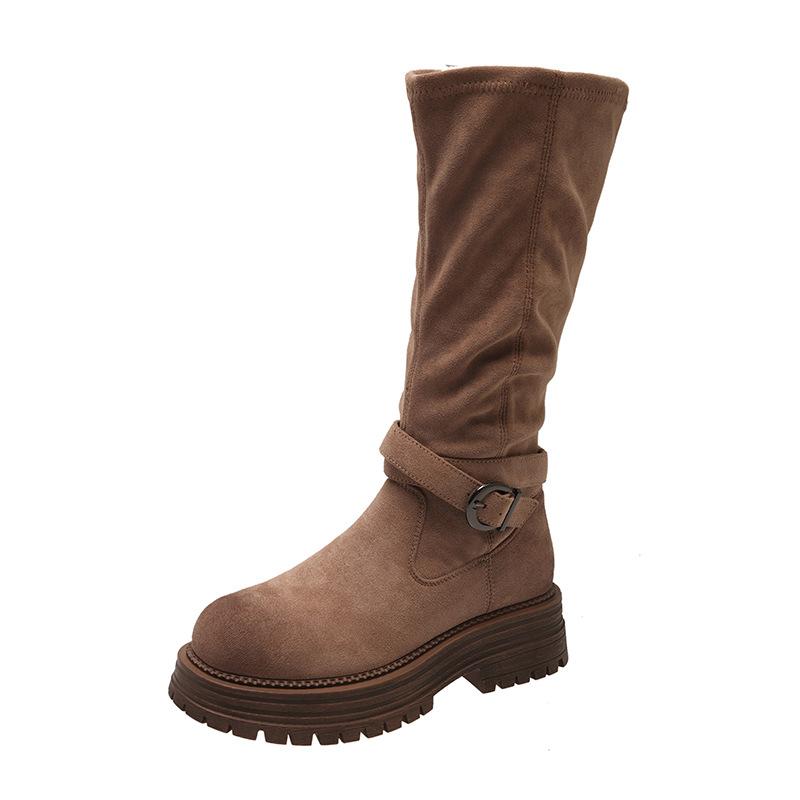 

Модные женские коричневые сапоги на платформе в стиле ретро 2024 года, новые универсальные, увеличивающие рост и тонкие сапоги-рыцари 35 хаки